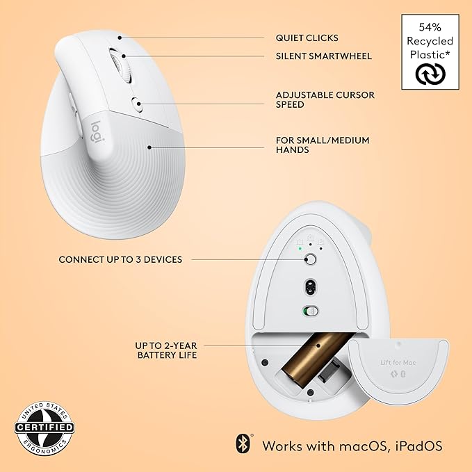 Logitech Lift for Mac Wireless Vertical Ergonomic Mouse, Quiet Clicks, Silent - Image 6