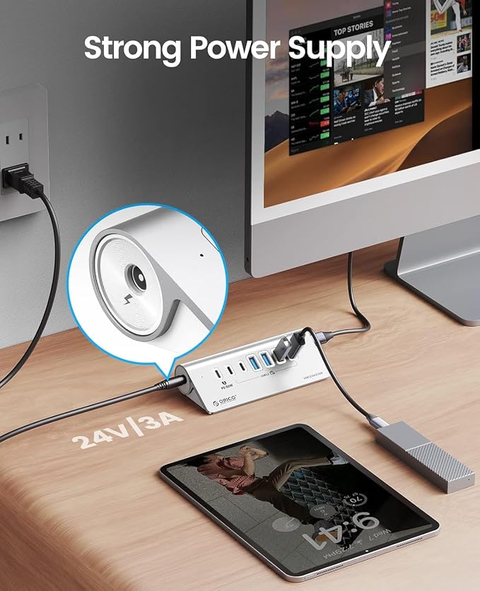 ORICO 7 Port USB Hub 10Gbps, Aluminum USB 3.2 Gen 2 Hub, 6 USB 3.2 Data Ports - Image 8