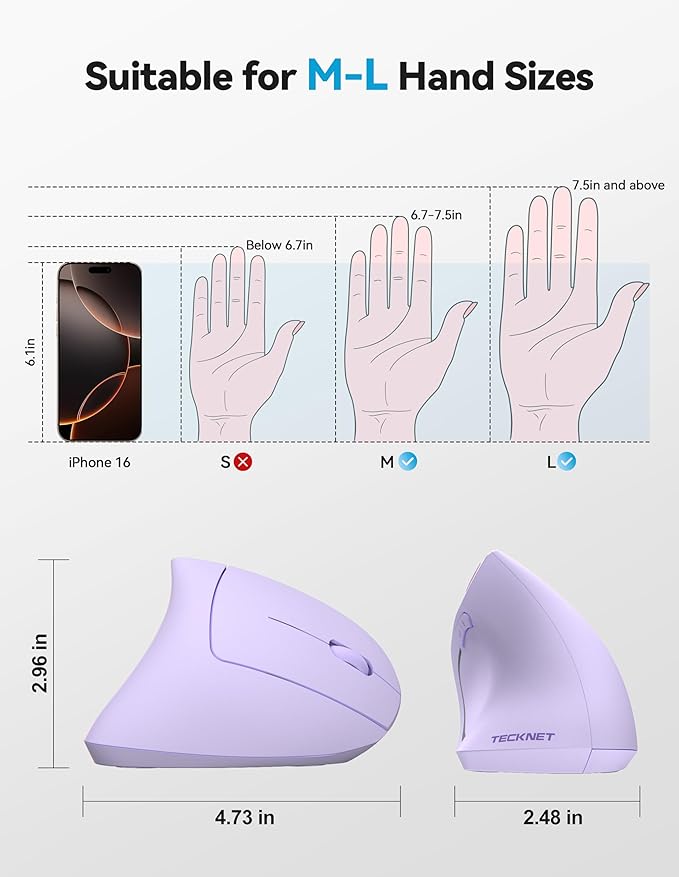 TECKNET Ergonomic Mouse, Rechargeable 2.4G+Bluetooth Vertical Mice 6 DPI - Image 7