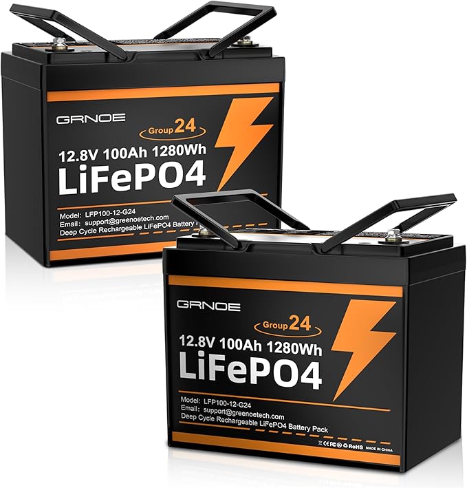 2 Pack 12V 100Ah LiFePO4 Batteries, Ultra-Light 21.9lb Each, 15000+ Cycles by GRNOE