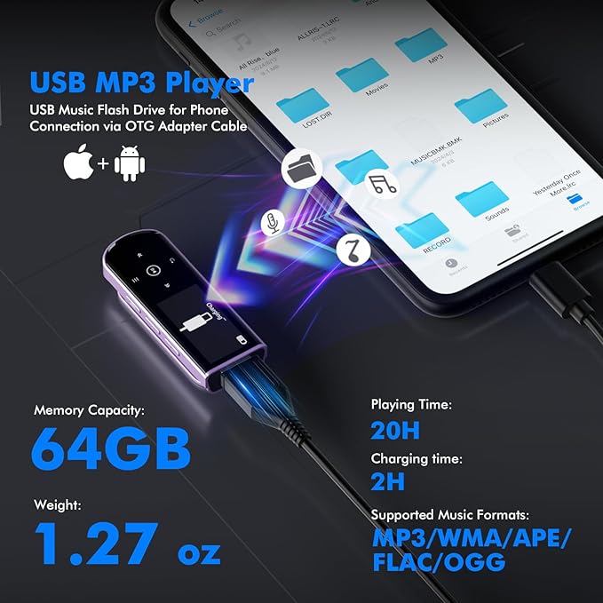 RUIZU 64GB USB MP3 Player with Bluetooth 5.3, Clip Jam Portable Music Player - Image 4