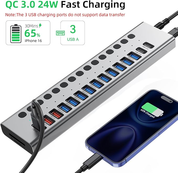 Powered USB Hub 10Gbps, 17 Ports 96W USB 3.2 Hub, 12V/8A Power Adapter - Image 5