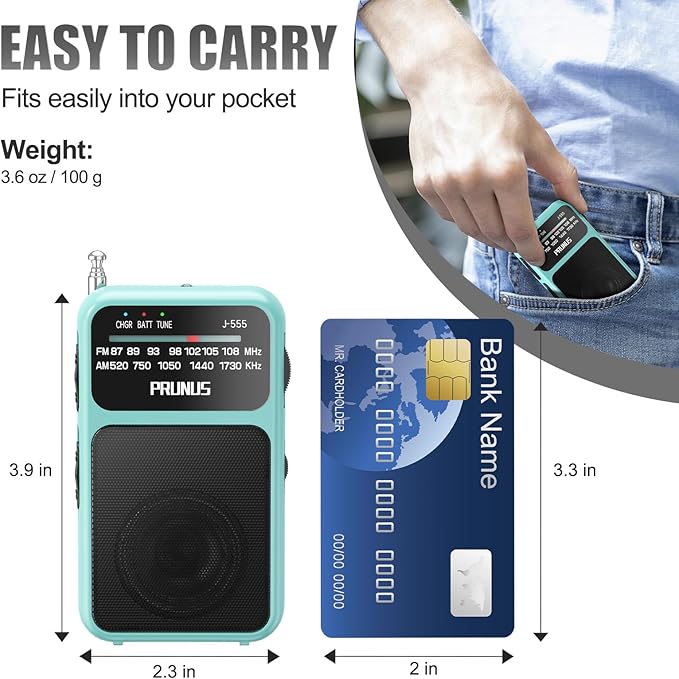 PRUNUS J-555 Pocket Radio AM FM USB-C Charging& Battery Operated, Excellent - Image 3