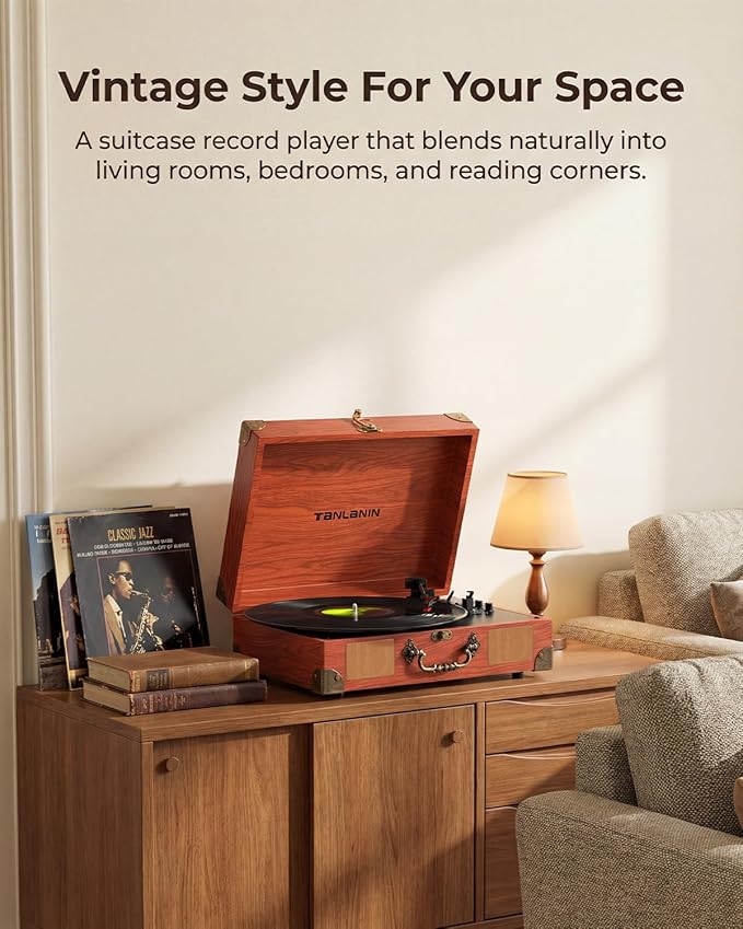 Vinyl Record Player with Bluetooth Output & Input, Treble & Bass Control - Image 3