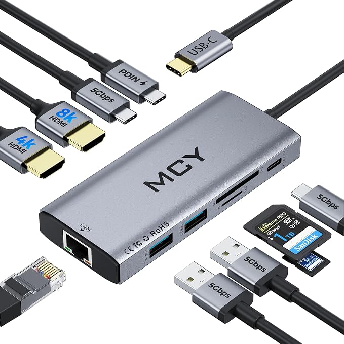 MCY USB C Hub, Laptop Docking Station Dual Monitor Single 8K, 10 in 1 Type-C by MCYDigtal