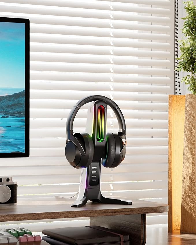 RGB Gaming Headset Stand with 2 USB and 1 Type-C Ports, Game Headphone Mount - Image 7