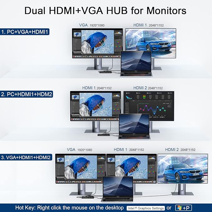 USB Docking Station GIQ USB C HUB USB 3.0 to Dual HDMI VGA Adapter Triple - Image 3
