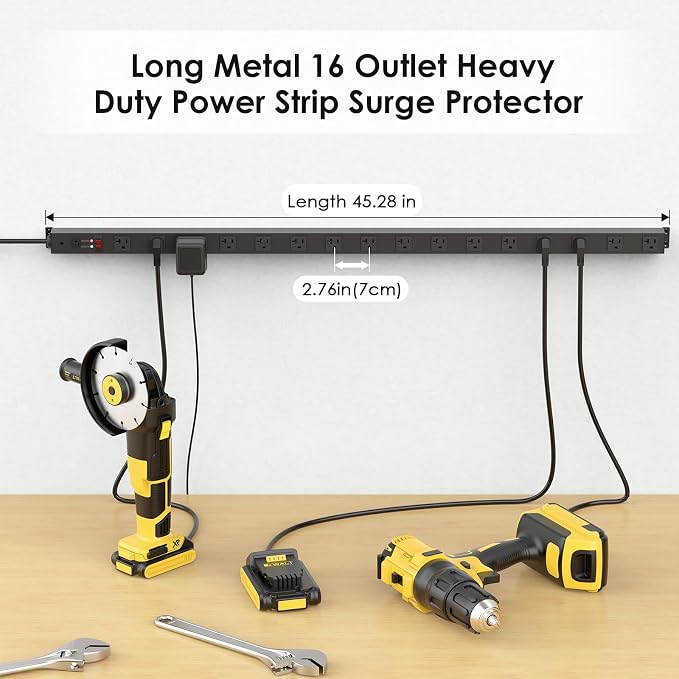 JUNNUJ Long Metal 16 Outlet Power Strip, Wide Spaced Garage Industrial Heavy - Image 2