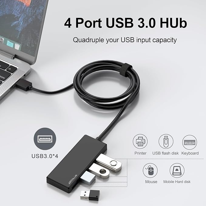 USB Hub, 2 ft Long Cable USB 3.0 Hub, USB Extender - Image 2