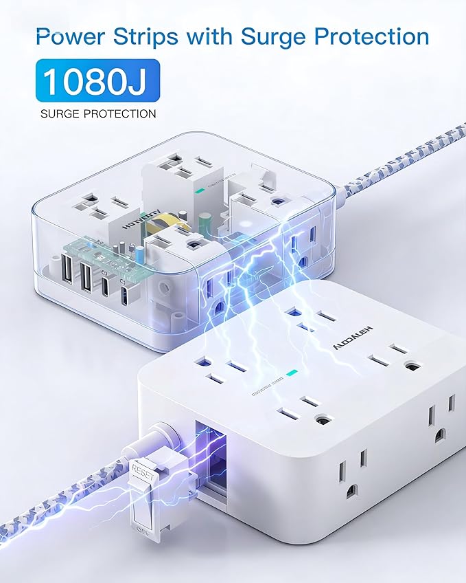PD 30W USB C Power Strip Surge Protecor, HANYCONY 8 Outlets 4 USB, 1080J Desk - Image 5