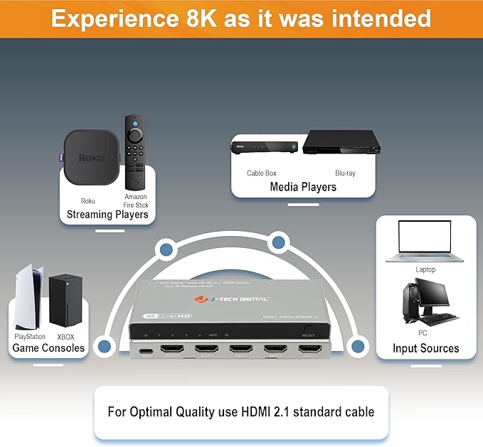 J-Tech Digital HDMI Switch 4K 120hz, 2.1 Switch 4 in 1 Out, 8K 60Hz 1080P 240Hz - Image 5