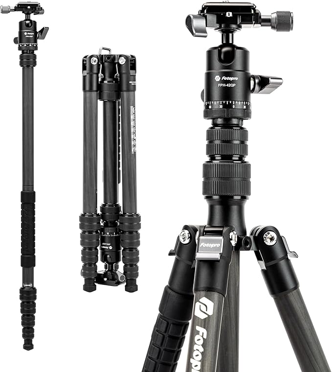 Fotopro 59" Carbon Fiber Travel Tripod, Lightweight Compact Camera Tripod by Fotopro