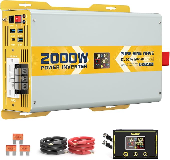 XWJNE 2000W Pure Sine Wave Power Inverter 12V DC to 120V GFCI AC Converter by Highwattpuresinewavepowerinverter