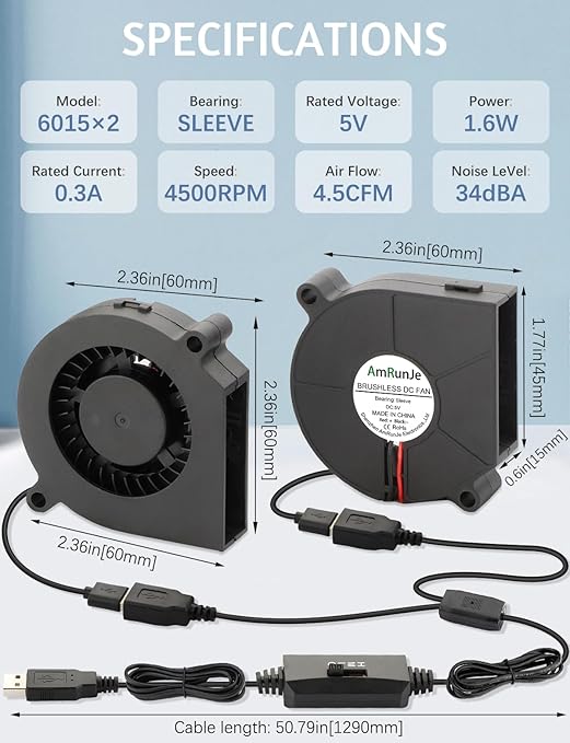 60mm x15mm 2 Pack Small USB Blower Fan 5V - Image 4