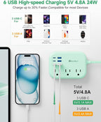 6 USB Green Travel Power Strip- 5Ft Green Extension Cord - Image 2