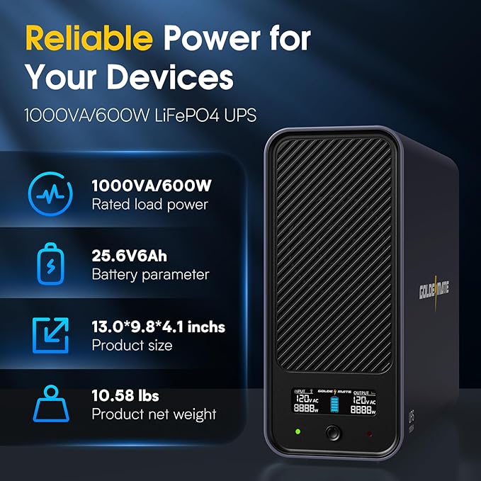GOLDENMATE 1000VA/600W Lithium UPS Battery Backup and Surge Protector, Sinewave - Image 4