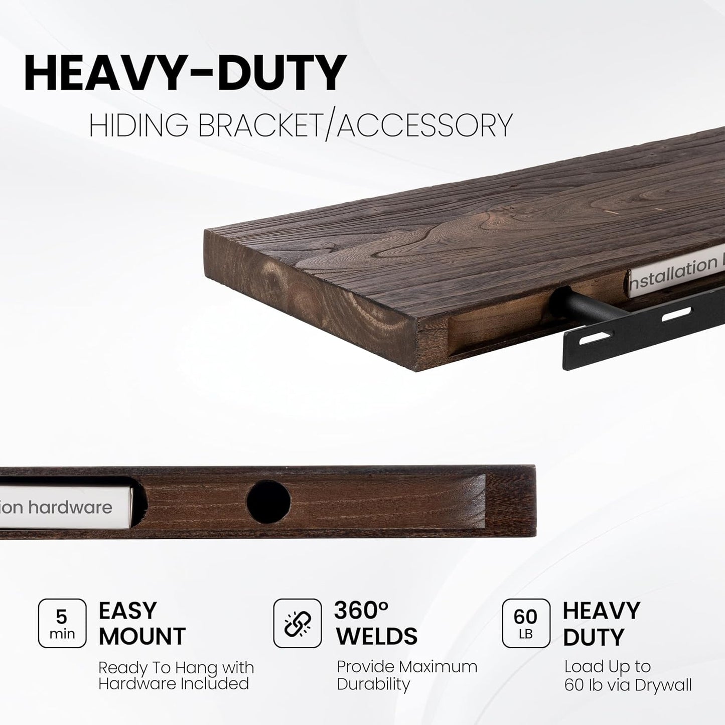 Floating Shelves for Wall, 55"x9.3" Rustic Solid Live-Edge Elm Wood Wall Shelves, Heavy-Duty Floating Shelves with Invisible Brackets, Set of 2 for Living Room, Bedroom, and Kitchen, Walnut Finish