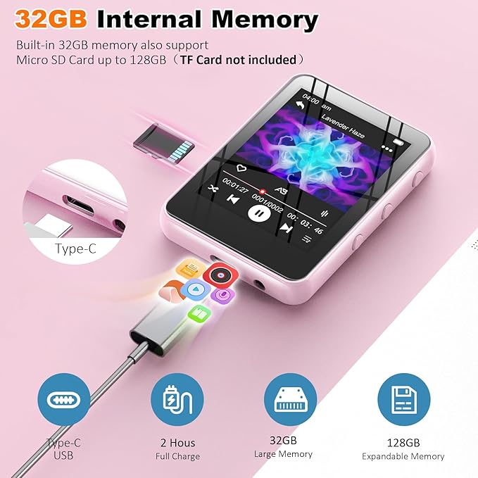 MP3 Music Player with Bluetooth, 32GB Storage, Full Touch Screen, Built-in - Image 4