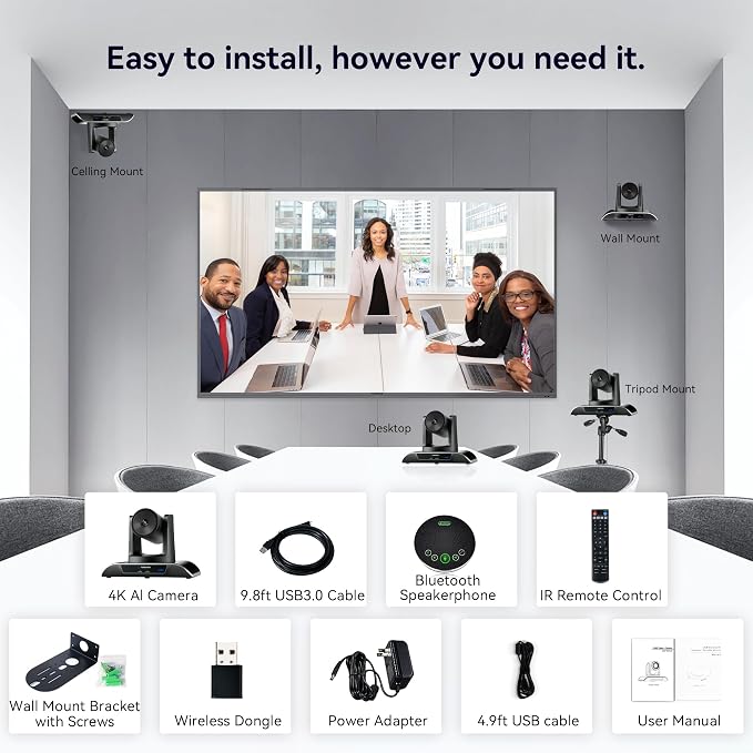 TONGVEO 4K Conference Room Camera System, AI Auto-Tracking PTZ Camera 5X - Image 9