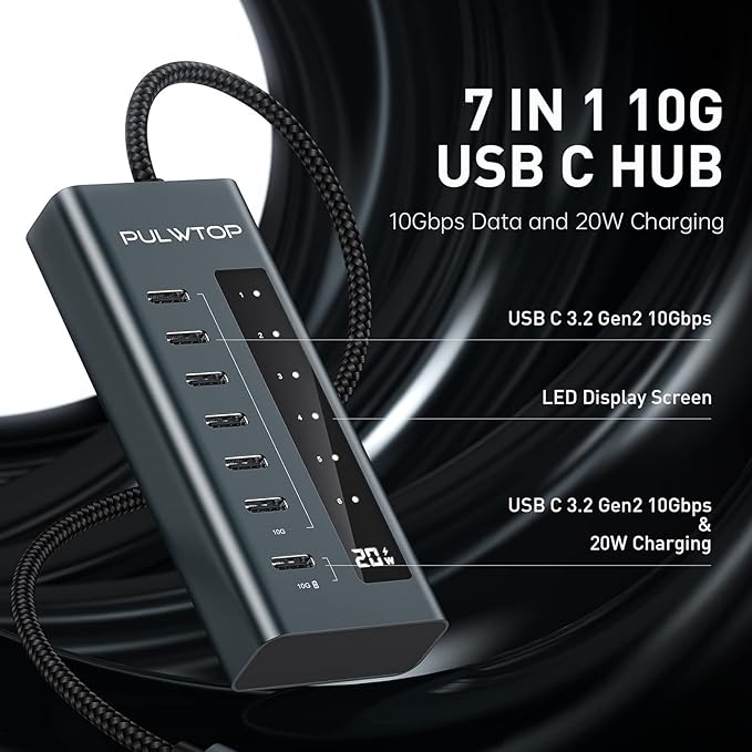 USB C Hub for Laptop, 7 in 1 10Gbps USB Adapter Support Data & Charging - Image 2