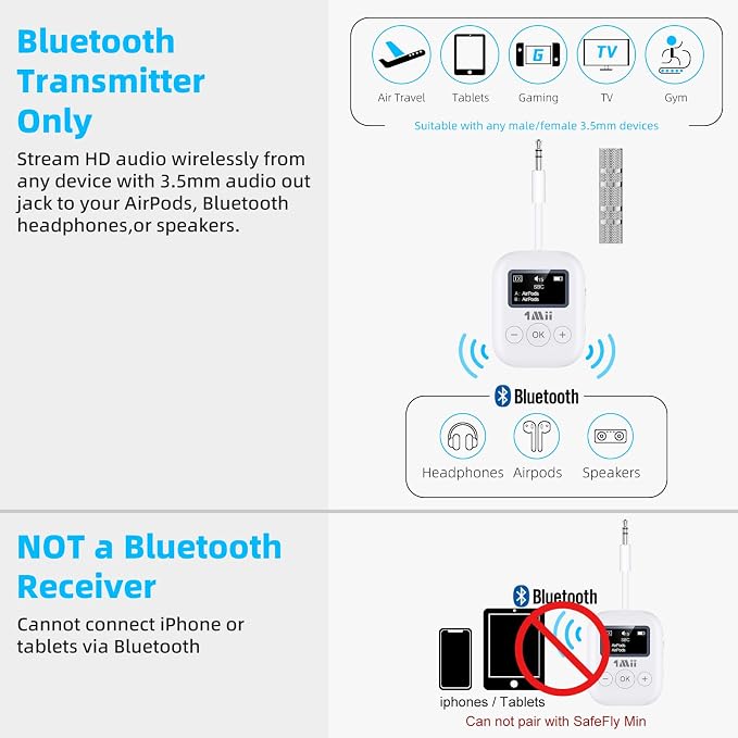 1Mii Bluetooth Transmitter for Airplane, Airplane Travel Essentials, Aptx Low - Image 8