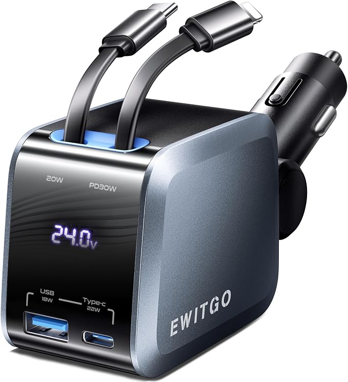 Retractable Car Charger, Car Accessories, 72W Fast Charging USB C Car Charger by case