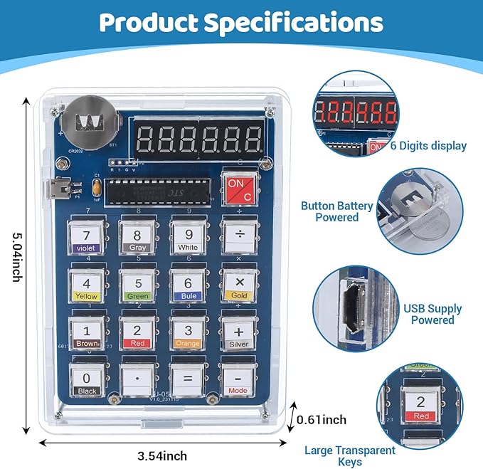 MiOYOOW 6-Digit DIY Calculator Kit, USB/Battery Powered Calculator Soldering - Image 4