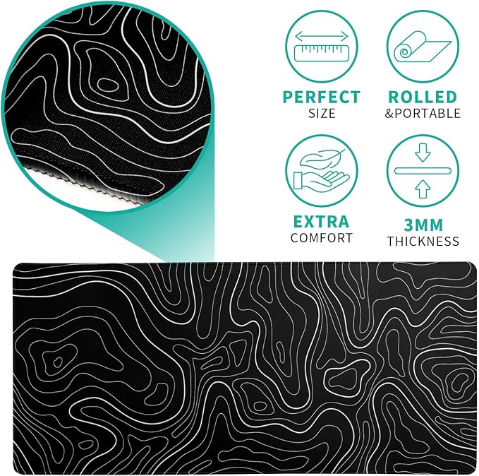 Topographic Contour Black Gaming Mouse Pad XL Geographic Map Lines Extended Big - Image 5