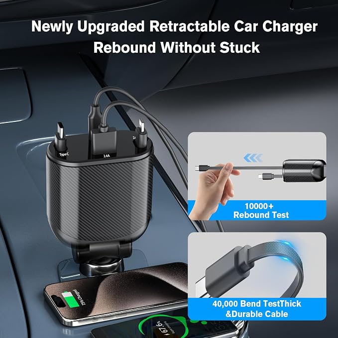 Retractable Car Charger 4 in 1 Fast Charging Adapter Magjieyx 62W Retractable - Image 2