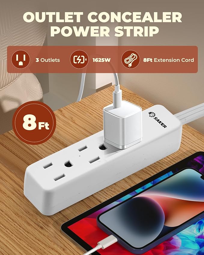 Saker Outlet Concealer Power Strip, 8ft Ultra-Thin Extension Cord - Image 3