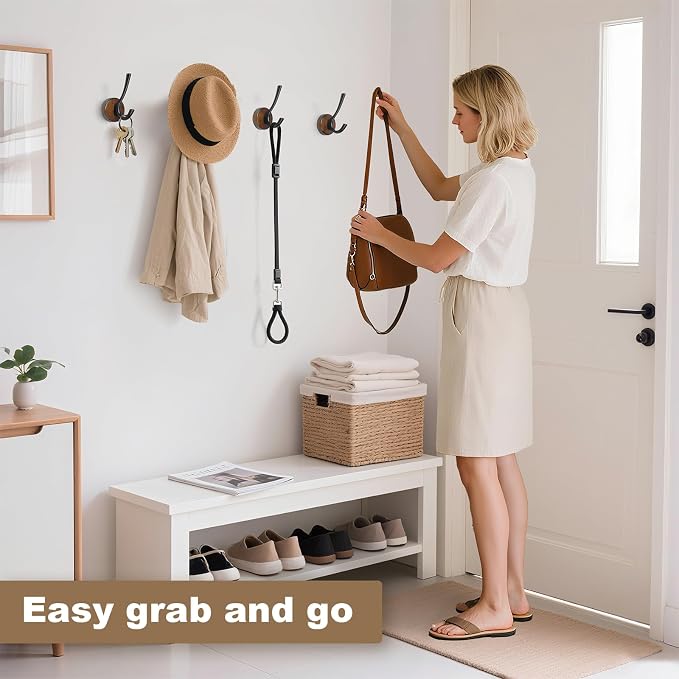 kuaima Coat Hooks Wall Mount, Round Walnut Wood Wall Hanger - Image 3