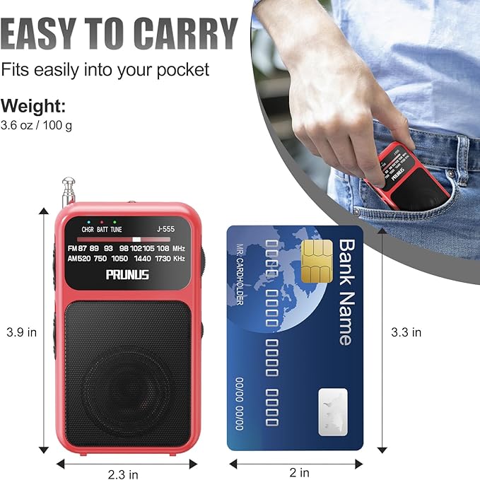 PRUNUS J-555 Pocket Radio AM FM USB-C Charging& Battery Operated, Excellent - Image 3