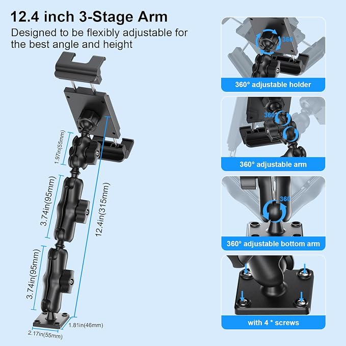 PLDHPRO Tablet Holder for Car Dashboard Heavy Duty Drill Base 360° Adjustable - Image 3