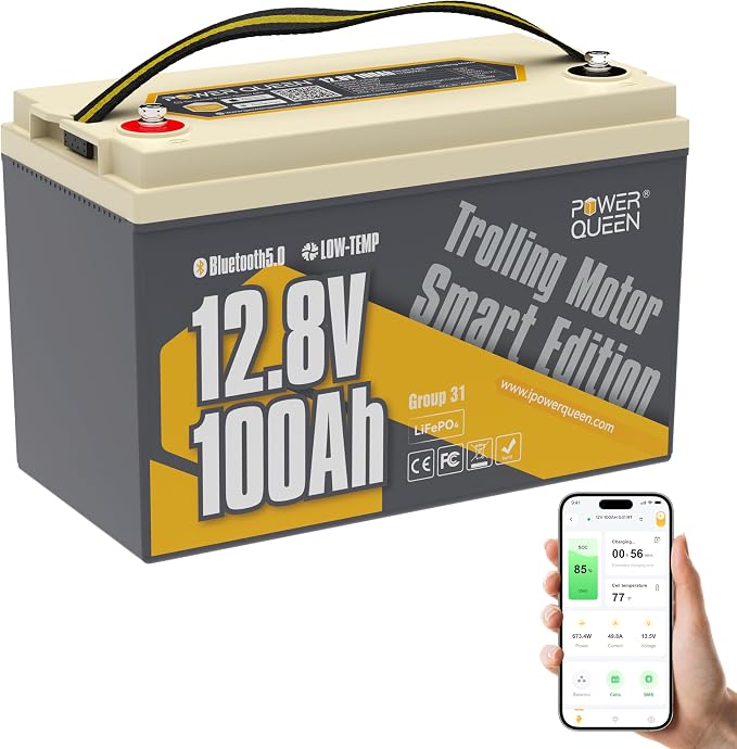 Power Queen 12V 100Ah Group 31 Battery Bluetooth 5.0, Deep Cycle LiFePO4 by PowerQueen
