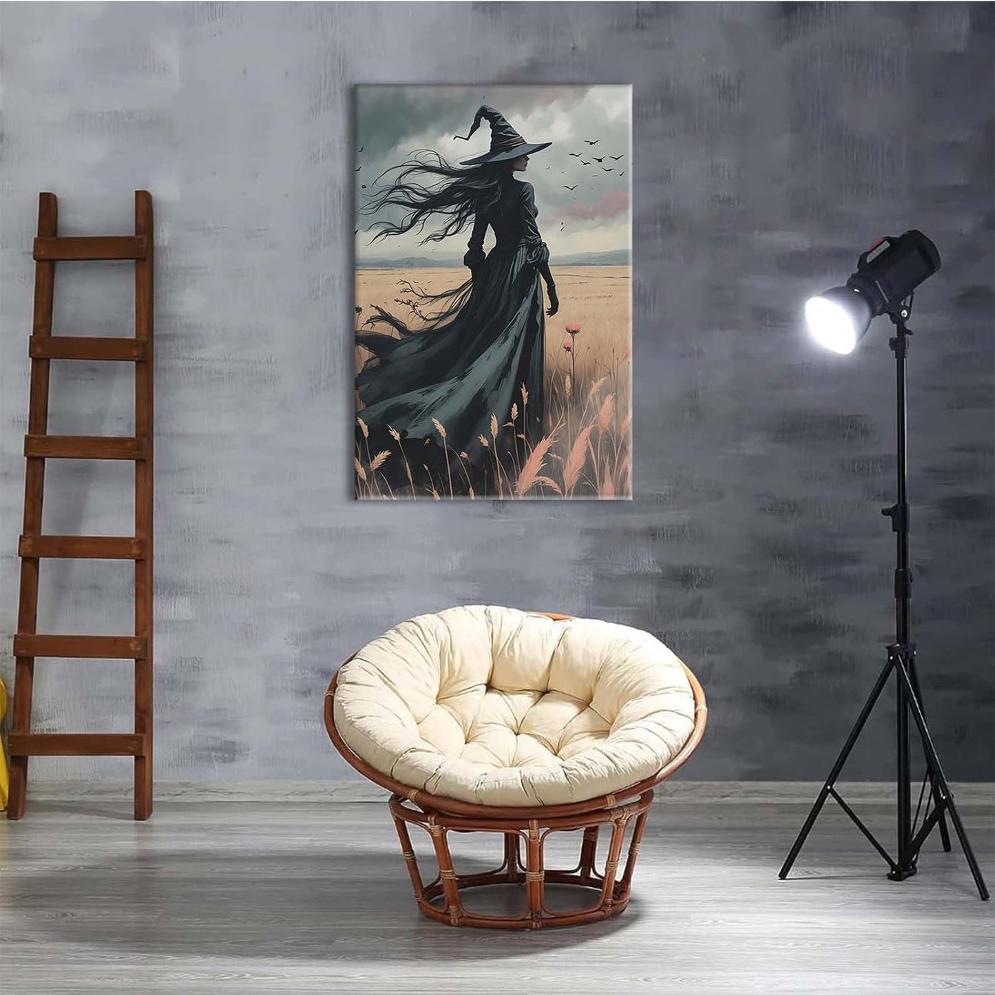 JFHCQJPK Gothic Decor Canvas Wall Art Witch in Rice Field Halloween Art Decor Print Nature Print Victorian Home Bedroom8x12in Frameless