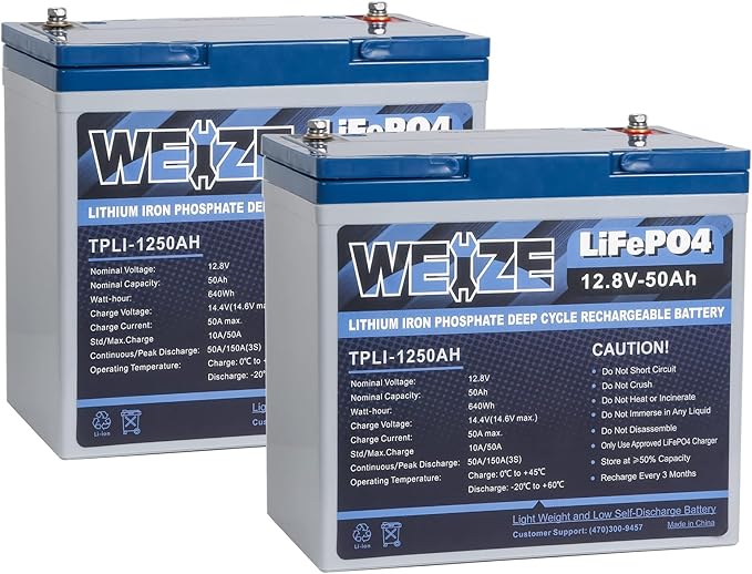 WEIZE 12V 50Ah Lithium LiFePO4 Battery, Grade A Cells Built in BMS, 8000+ Deep by WEIZE