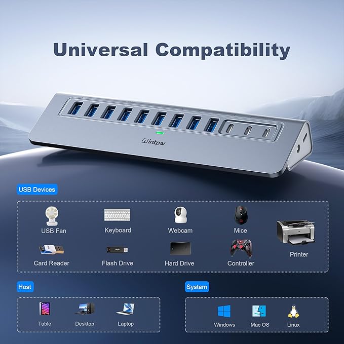Powered USB Hub 10Gbps, intpw YH9AC 12-Port USB Splitter - Image 6