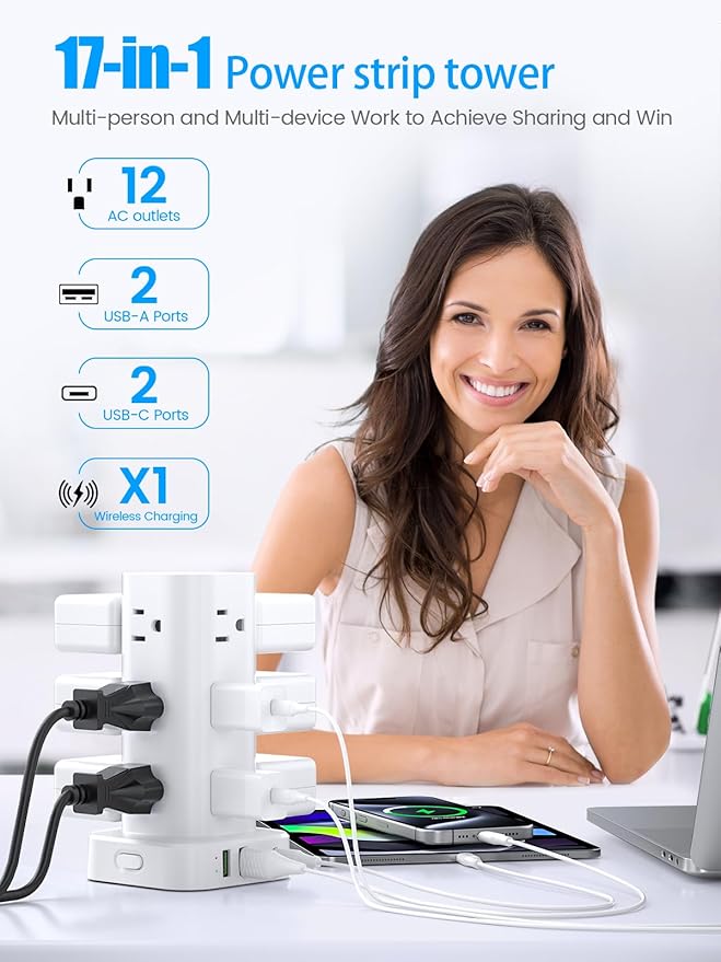 Tower Power Strip with 15W Wireless Charger, 10FT Flat Plug Extension Cord with - Image 3