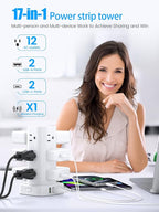 Tower Power Strip with 15W Wireless Charger, 10FT Flat Plug Extension Cord with - Image 3