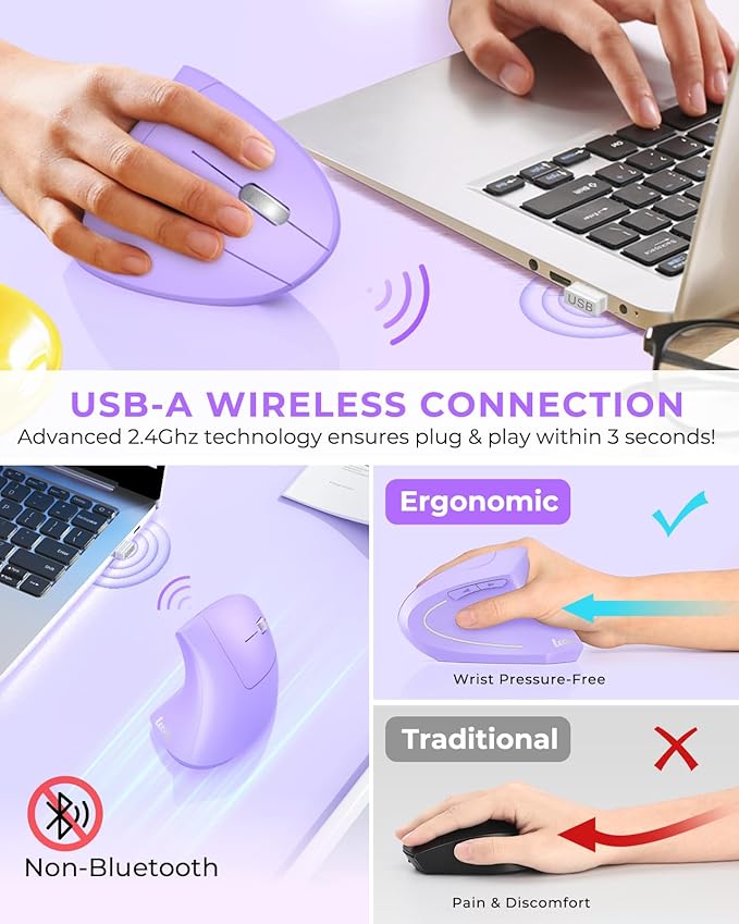 Lekvey Ergonomic Mouse, Vertical Wireless Mouse, Rechargeable 2.4G Optical - Image 3