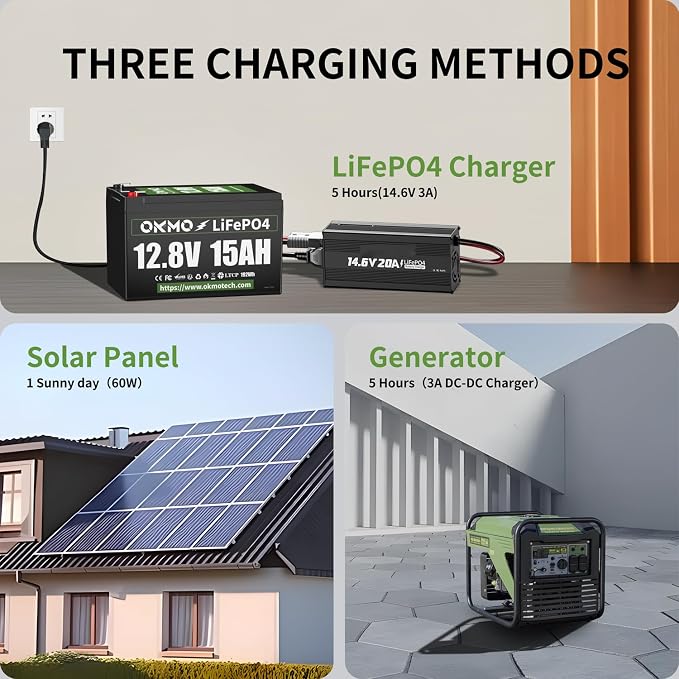 OKMO 12V 15Ah LiFePO4 Lithium Battery 12.8V, 4000+ Deep Cycles rechargeable - Image 6
