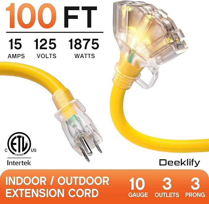 100 ft 10 Gauge Heavy Duty 3 Outlet Extension Cord Splitter - Image 2
