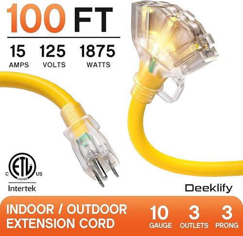 100 ft 10 Gauge Heavy Duty 3 Outlet Extension Cord Splitter - Image 2