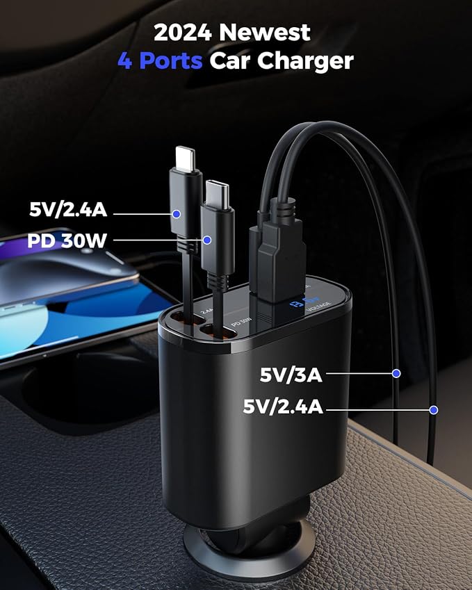 Retractable Car Charger 4 in 1 Fast Car Phone Charger Adapter - Image 6