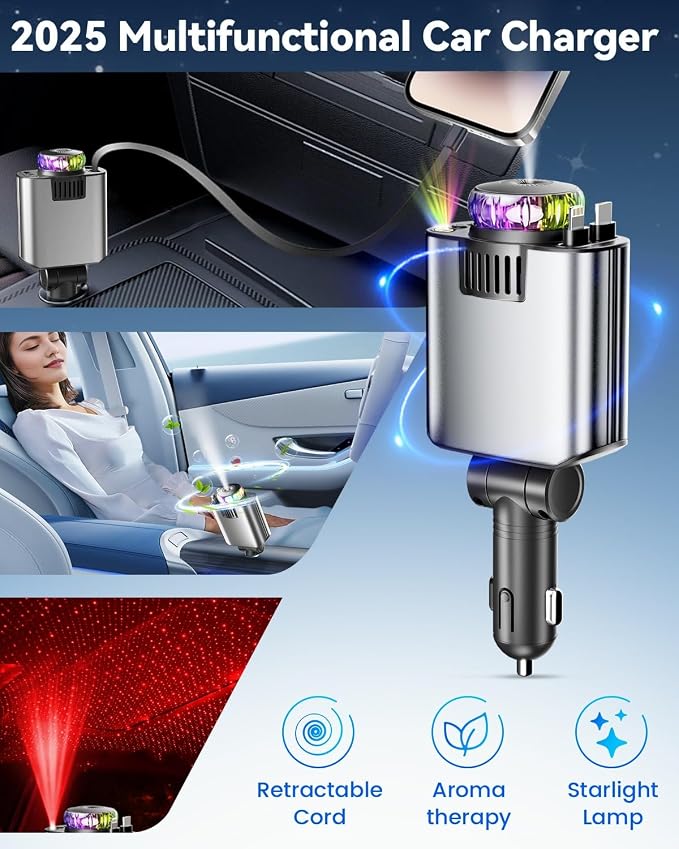 Retractable Car Charger with Air Freshener Diffuser & Star Lights, Car - Image 2