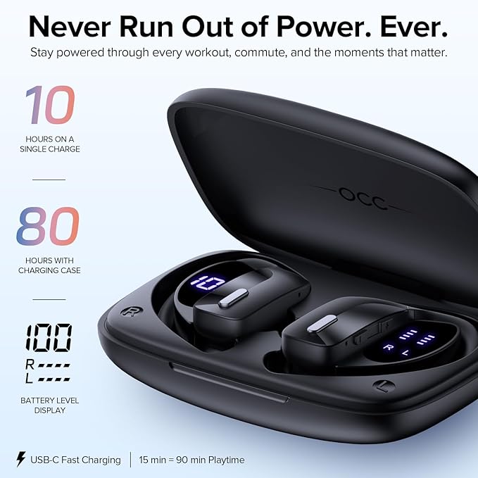 OCC Wireless Ear Hook Sport Earbuds, IPX5 Waterproof, 80H Playtime, Deep Bass - Image 4