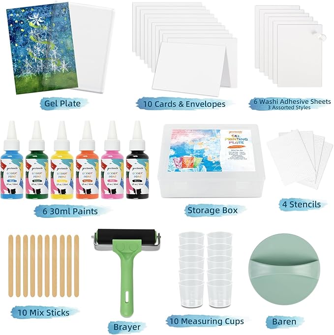 Gel Printing Plate Kits with Paints, Washi Stickers, Mixing Cups, Blank Cards - Image 3