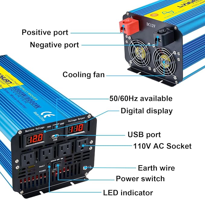 Yinleader 4000W Pure Sine Wave Power Inverter 12V DC to AC 110V-120V Converter - Image 3