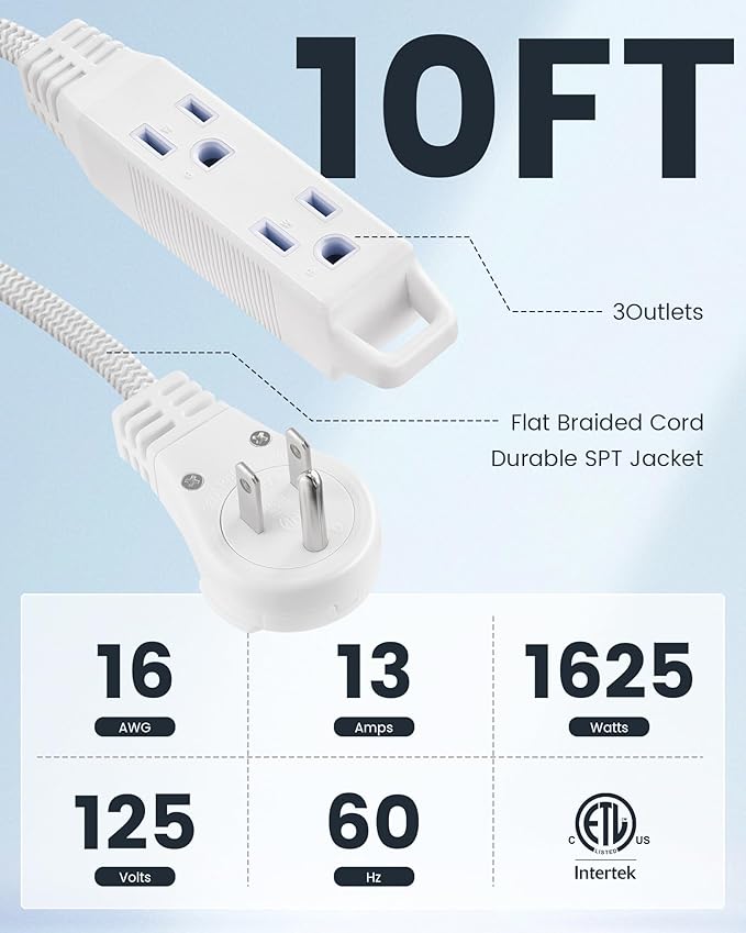 SURAIELEC 10FT 360° Rotating Flat Plug Extension Cord Flat Wall Plug - Image 2