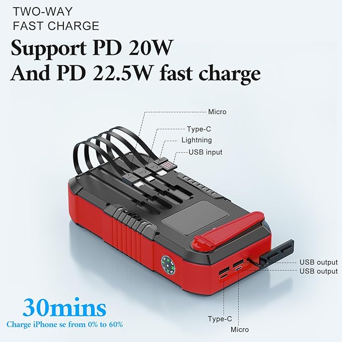 Solar Power Bank 66800mAh Built in Hand Crank and 4 Cables 22.5W Fast Charge - Image 8